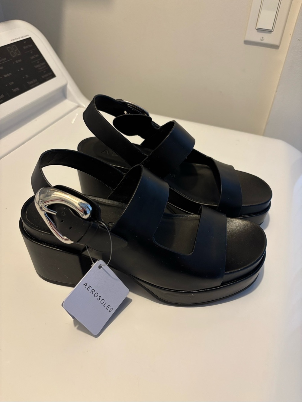 AEROSOLES Black Platform Slingback Sandals with Silver Buckle Accent